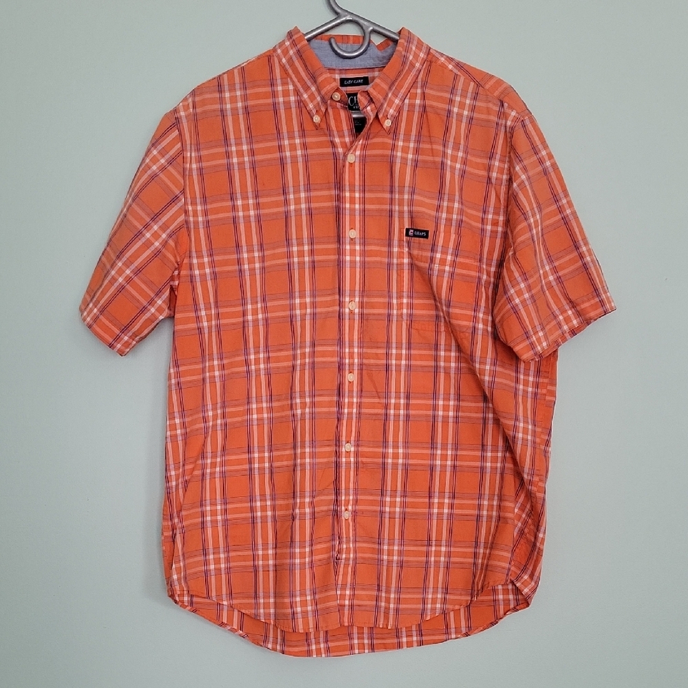 Mens Orange/blue Striped Chaps Short Sleeve Button Down Shirt Sz Lg